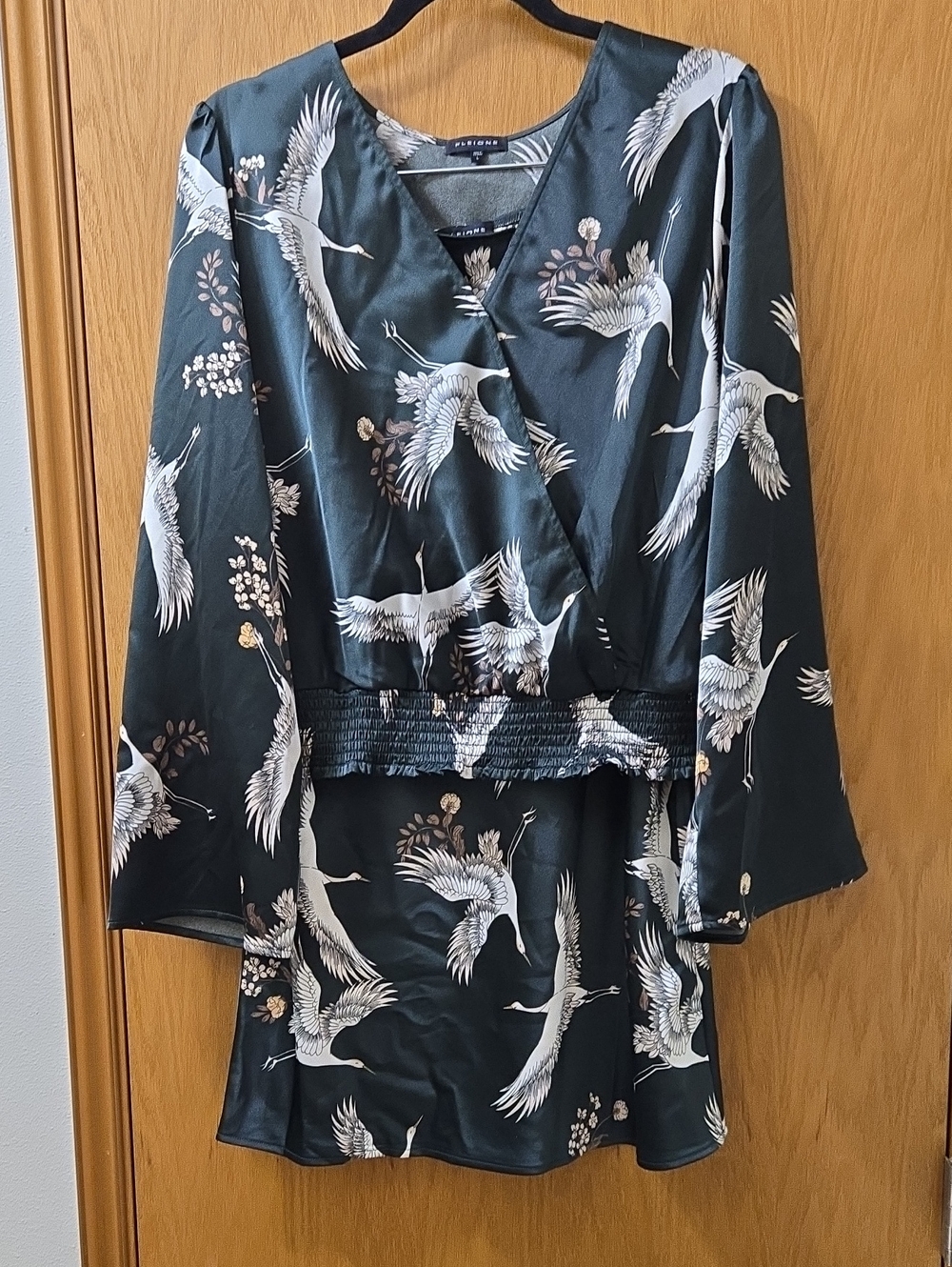Pleione Dark Green Crane Print Wrap Blouse